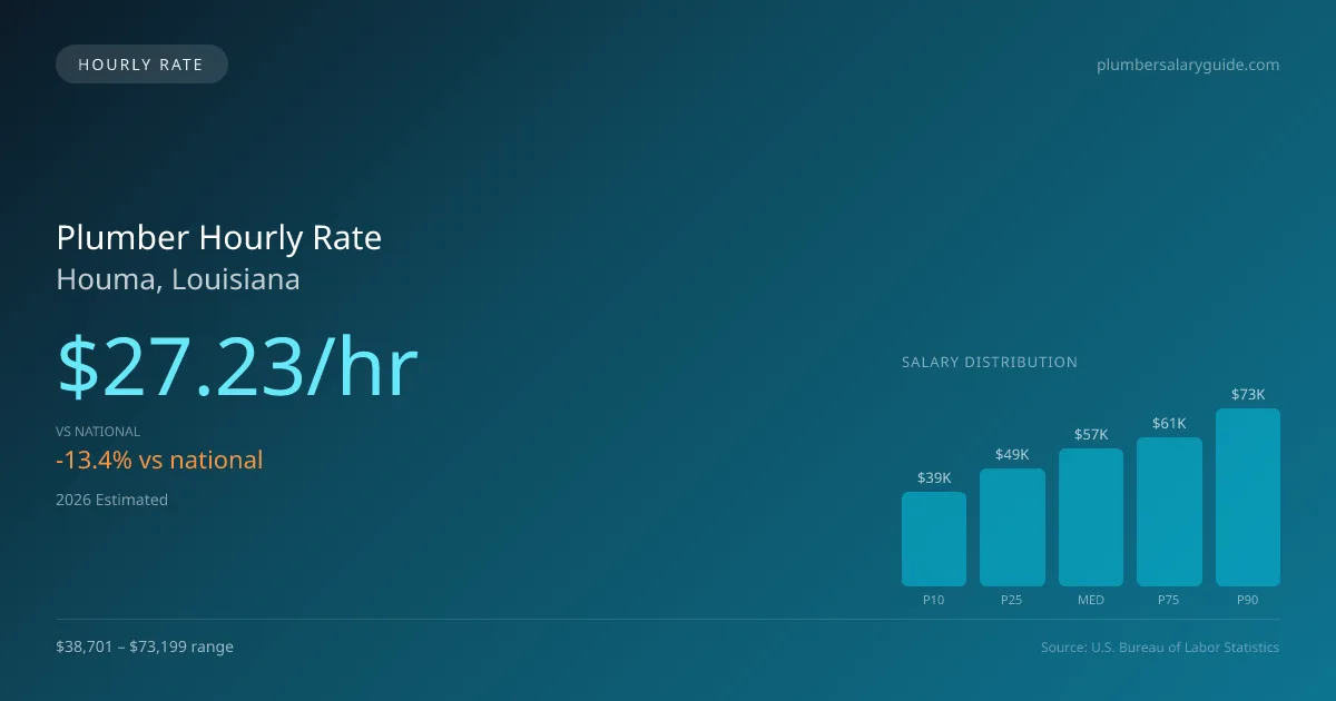 Plumber Hourly Rate in Houma, LA — 2026 est., based on 2025 BLS